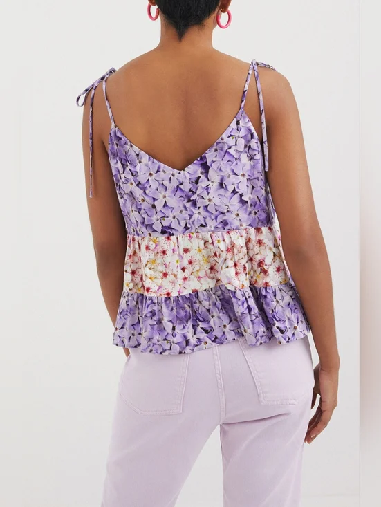 DESIGUAL Purple Cream Bohemian Floral Strap Ruffles Flowy Tank Top Size Medium - Picture 2 of 8
